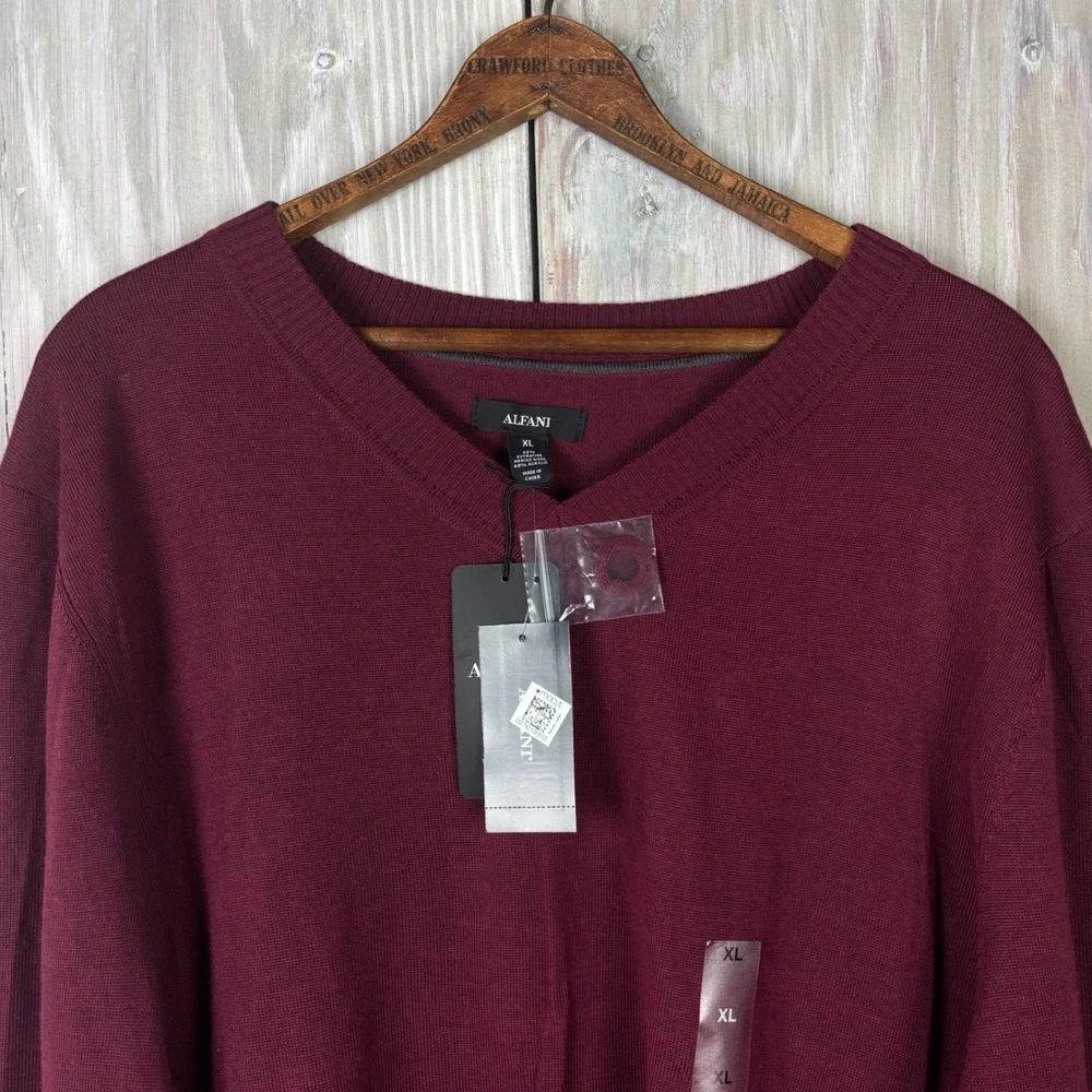 Alfani Mens XL V Neck Merino Wool‎ Blend Sweater Burgundy Red Minimalist NWT